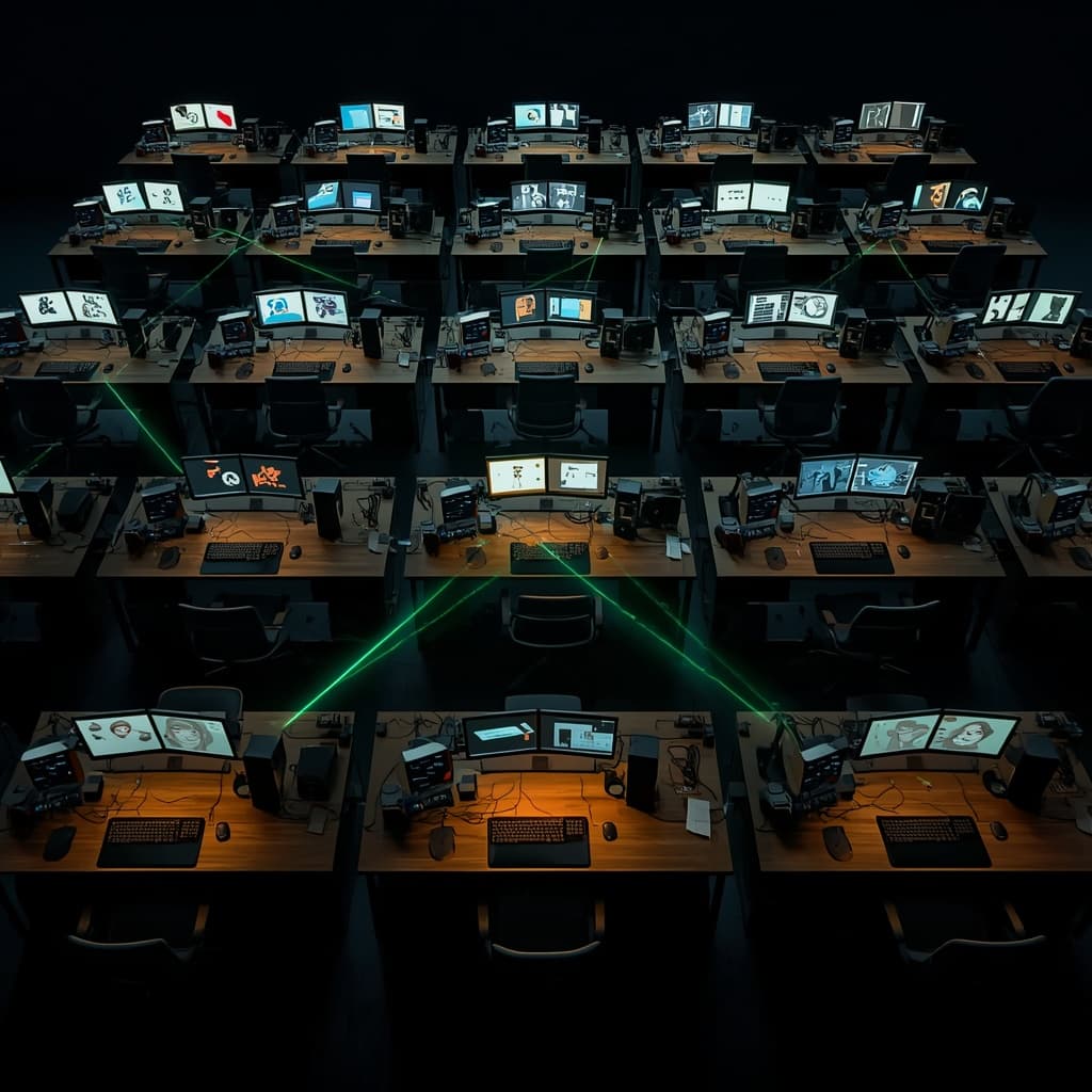 Animation studio workstations with character designs on screens