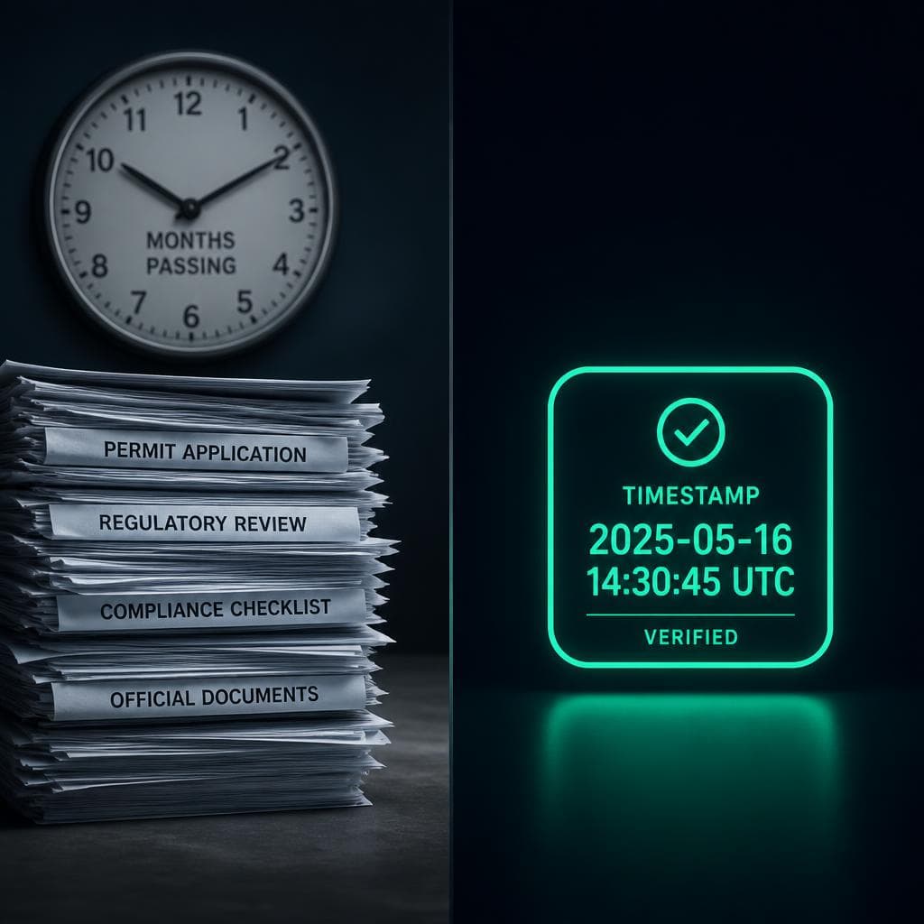 Split view comparing paper documents and digital timestamp