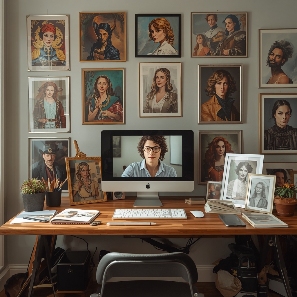 A creator at a home studio desk, surrounded by framed character illustrations and artwork they made.