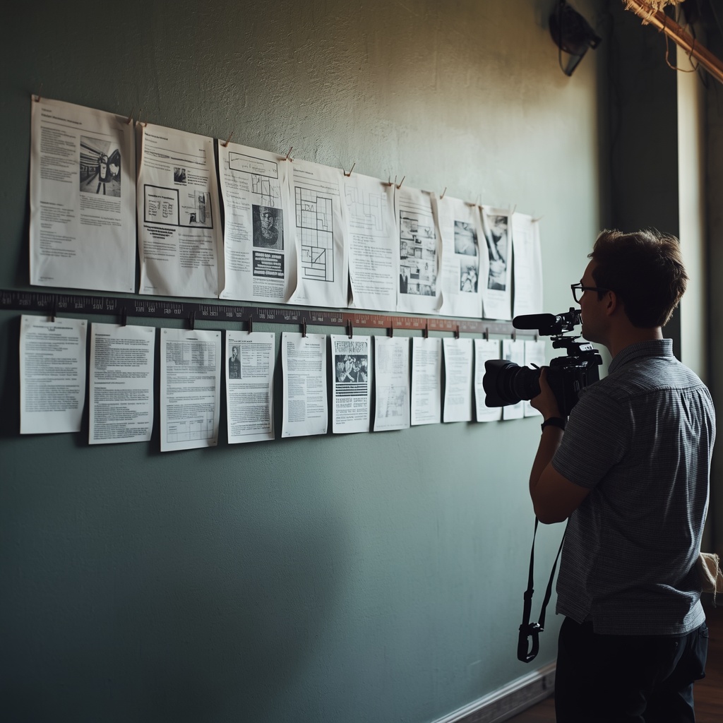 A filmmaker reviewing storyboard and script pages pinned across a studio wall.