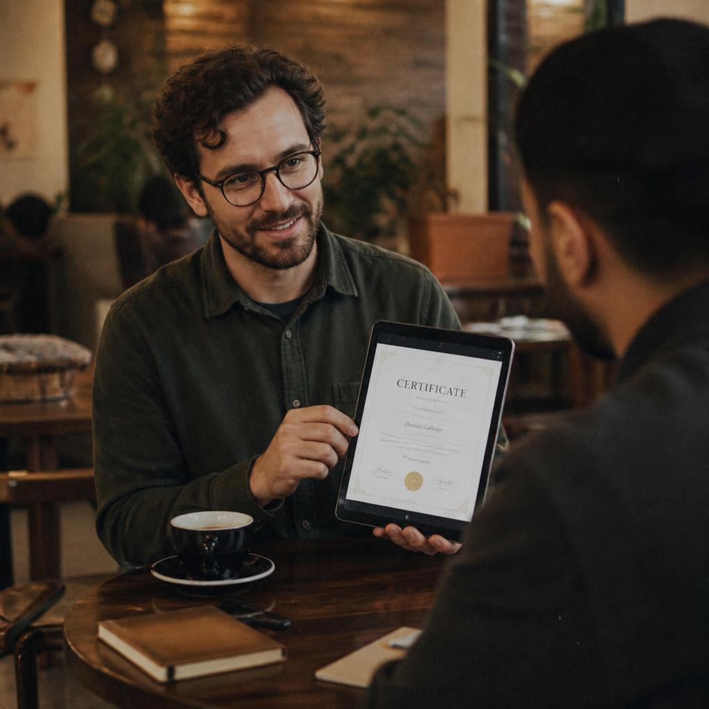 A creator in a cafe showing a proof-of-ownership certificate for their work on a tablet.